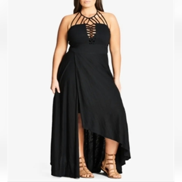 NEW City Chic Women's Asymmetrical Faux Wrap Halter Maxi Dress Black Size L 20 - Picture 1 of 10